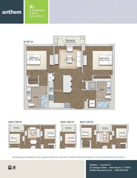 Floor plan for 2 beds, 2 baths, 1088 sqft